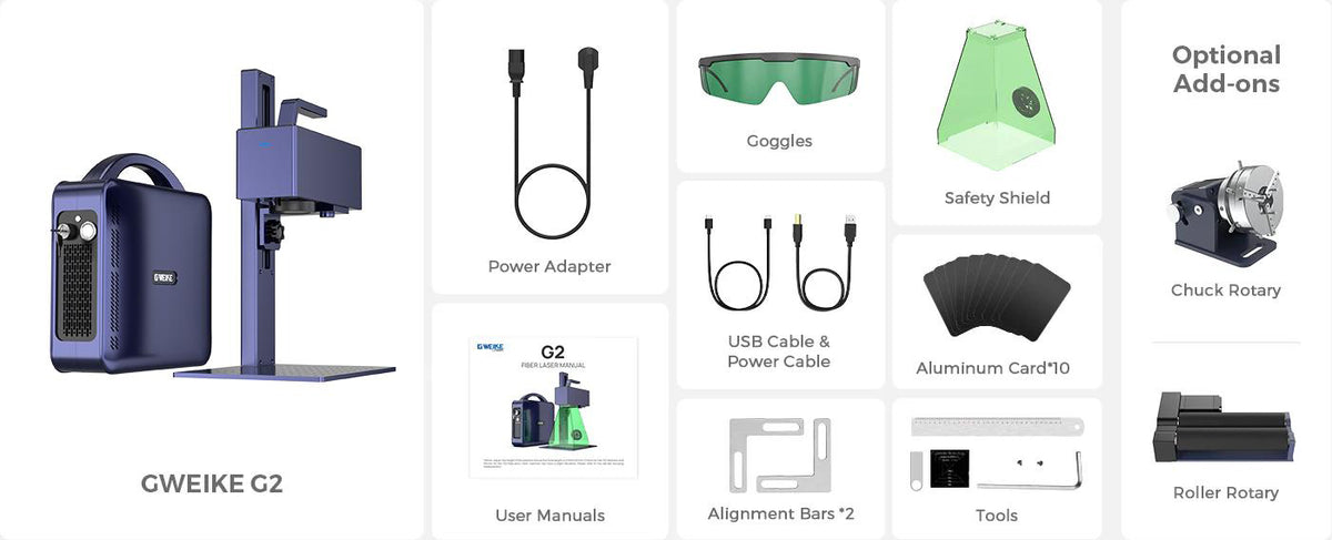 Gweike G2 package contents with optional chuck and roller rotary attachments identified